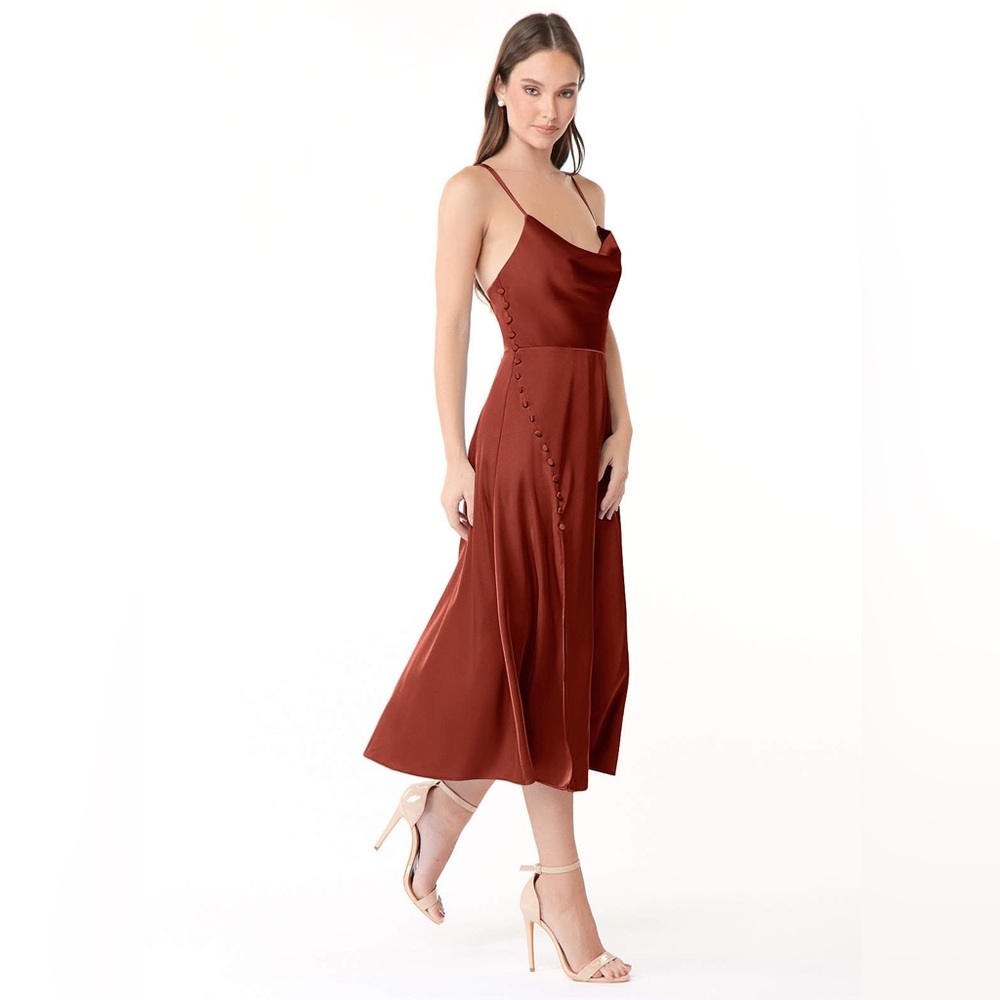 Azazie A-Line Side Slit Stretch Satin Tea-Length Dress Terracotta